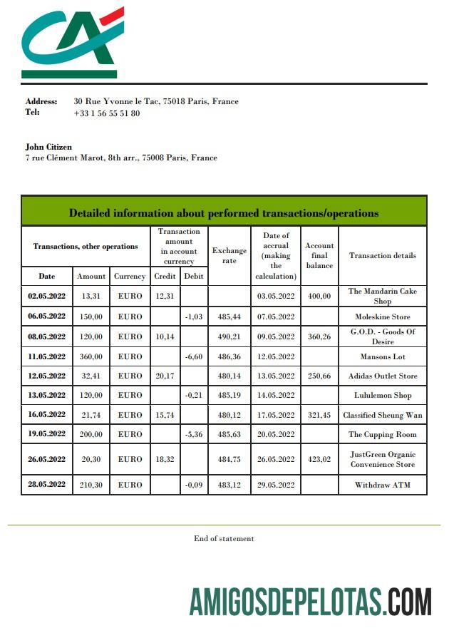 France Credite Agricole extrato bancário amostra